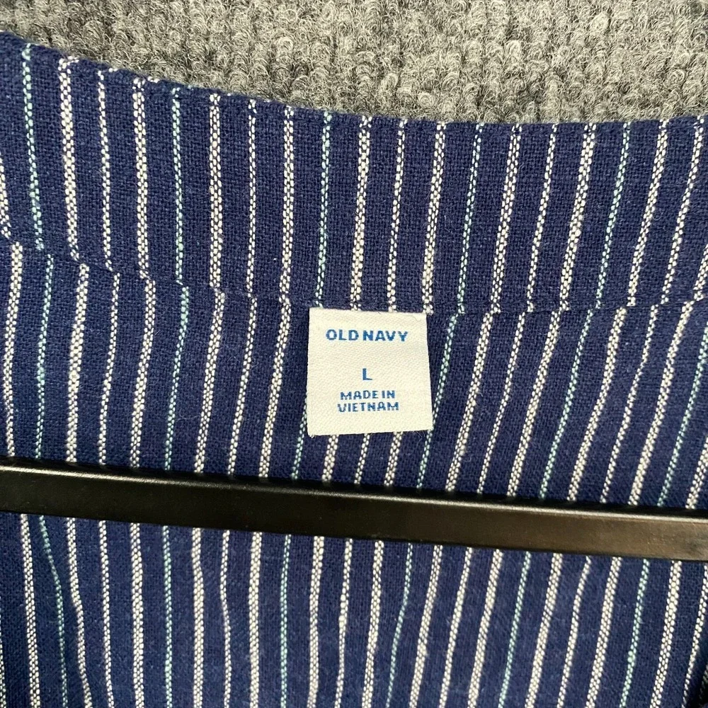 Old Navy Dress Womens L Linen Blend Blue Striped Button Up Sleeveless Boho Ranch